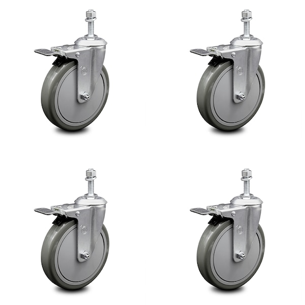 6 Inch Gray Polyurethane Swivel 3/8 Inch Stem Caster Set with Total Lock Brake